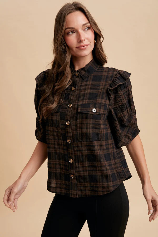 PLAID RUFFLE SHOULDER BUTTON DOWN SHIRT