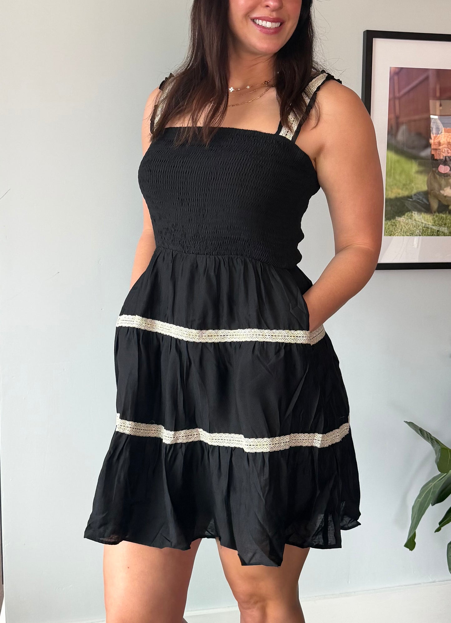 CROCHET TRIM MINI DRESS