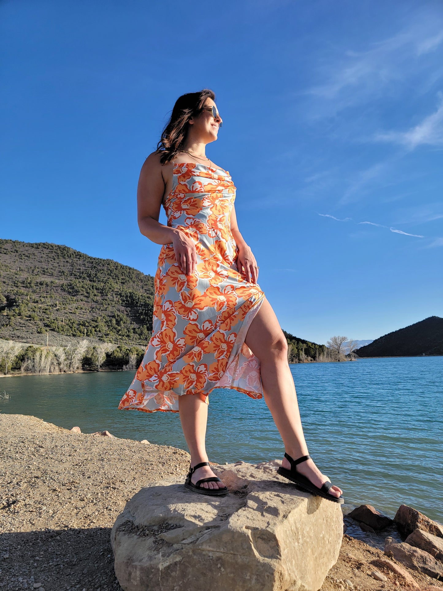 COWL NECK FLORAL PRINT MIDI DRESS