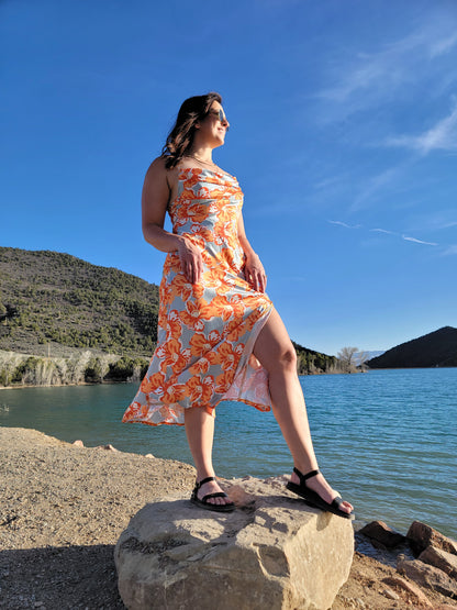 COWL NECK FLORAL PRINT MIDI DRESS