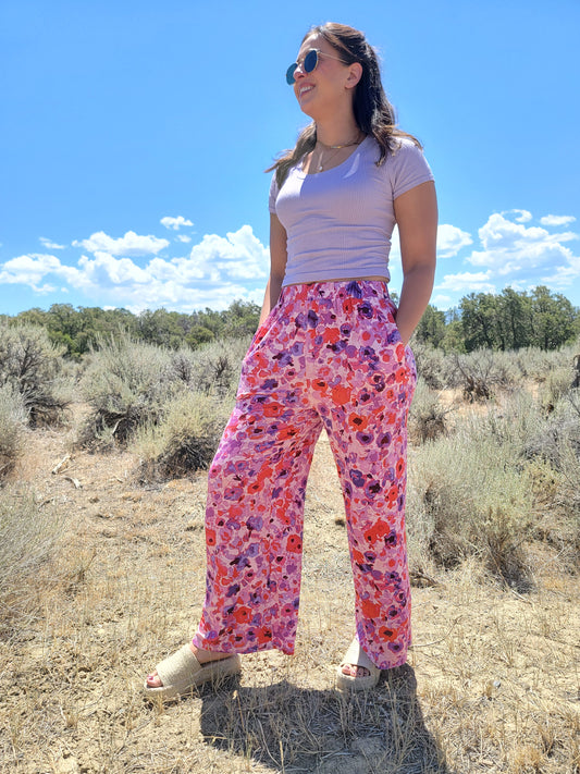 Purple Floral Wide Leg Pants