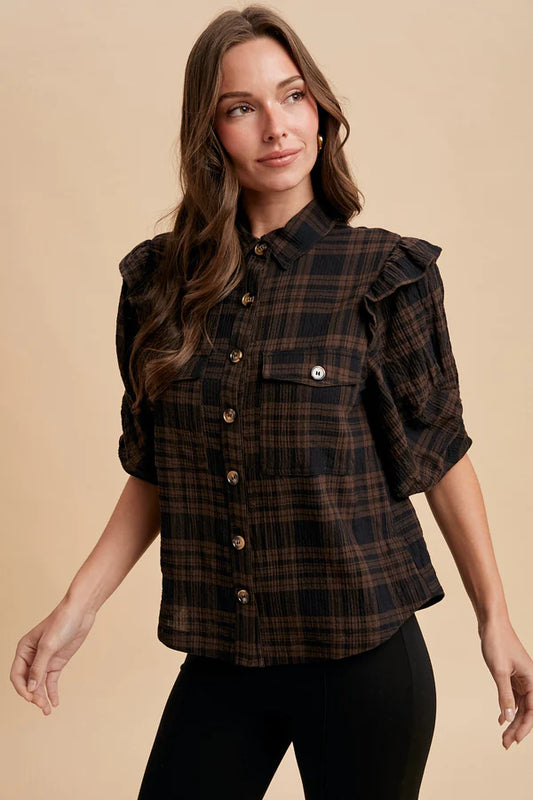 PLAID RUFFLE SHOULDER BUTTON DOWN SHIRT