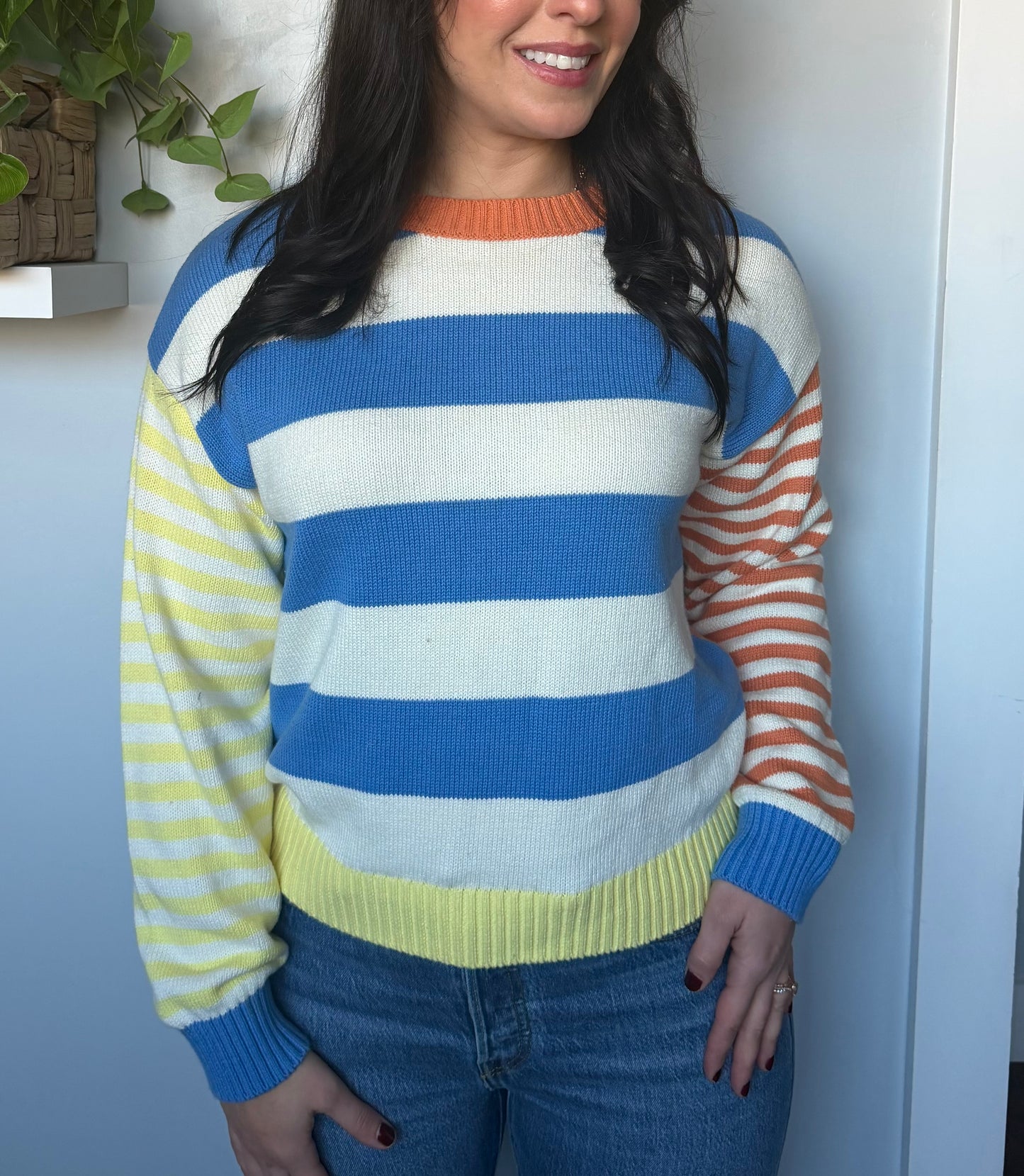 COTTON COLOR BLOCKED STRIPE SWEATER