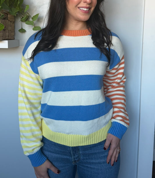 COTTON COLOR BLOCKED STRIPE SWEATER