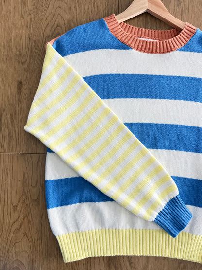 COTTON COLOR BLOCKED STRIPE SWEATER