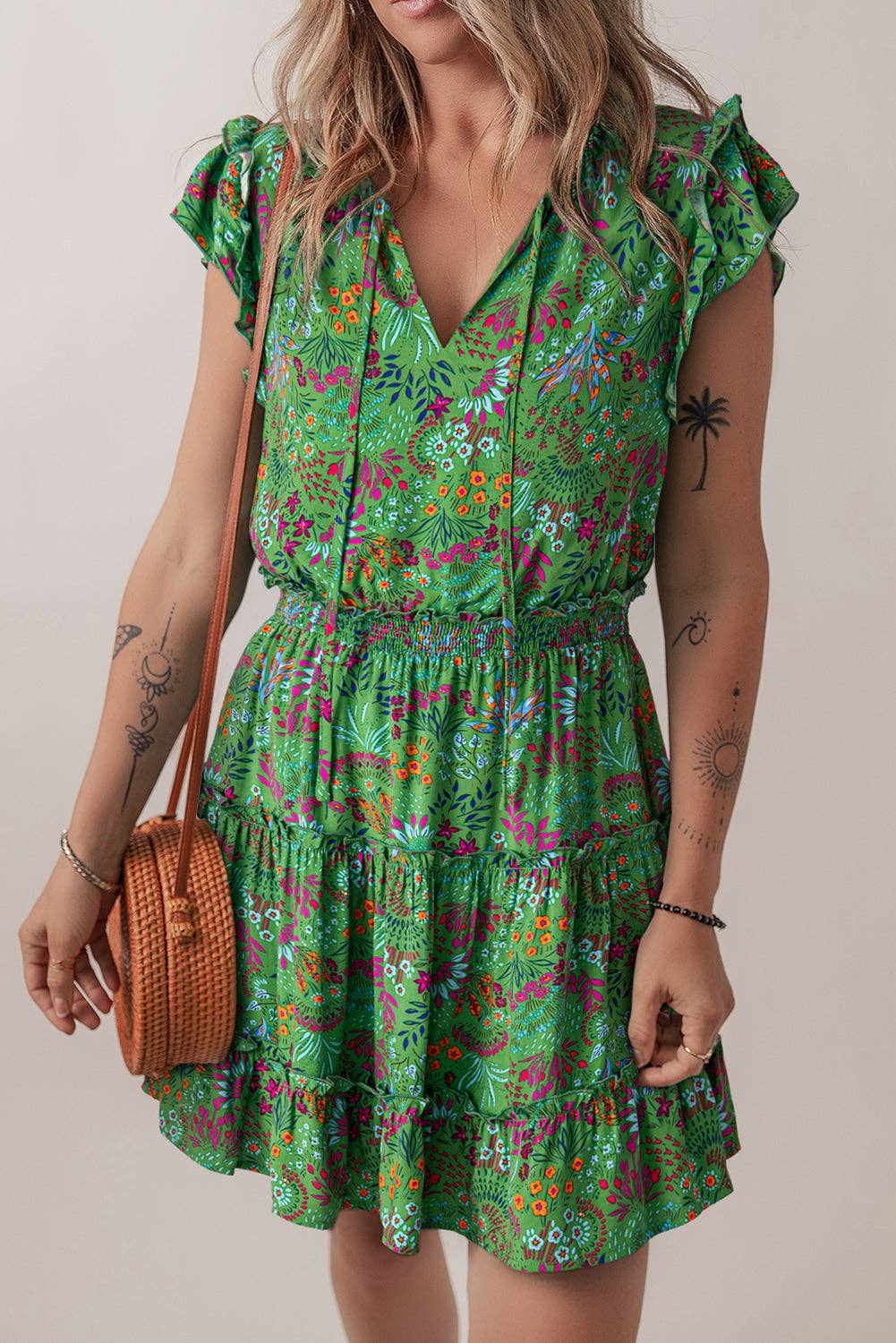 Green Floral Tiered Dress