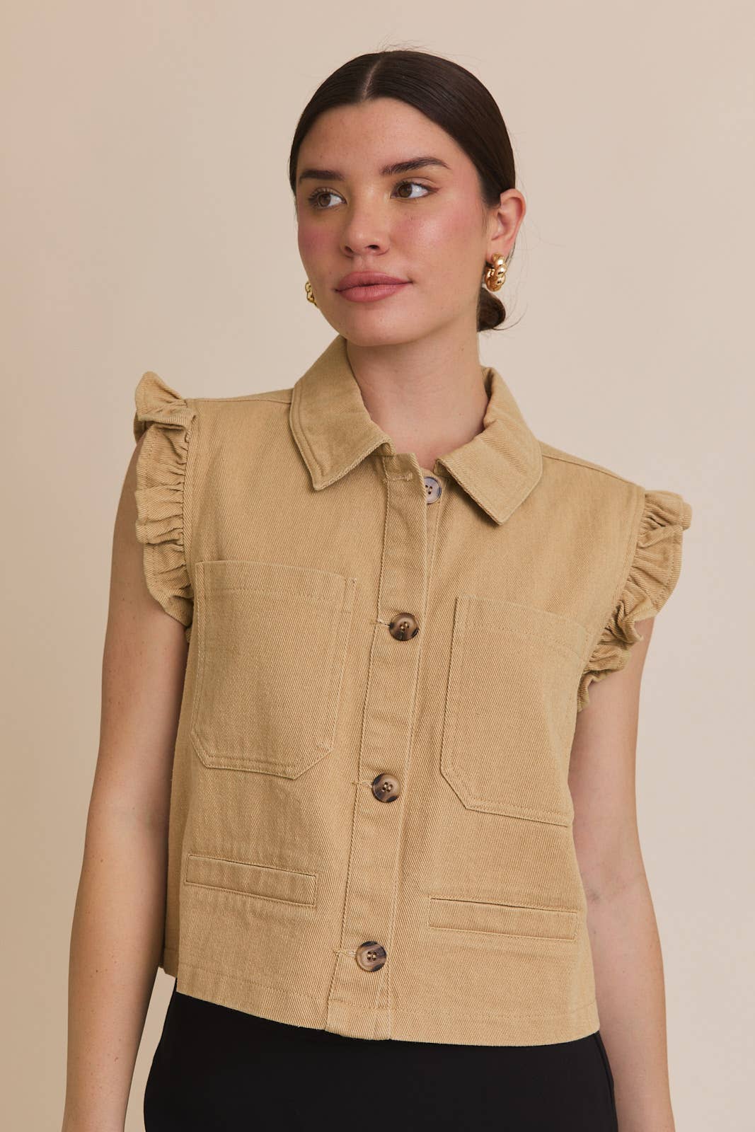 RUFFLE DETAIL TWILL VEST