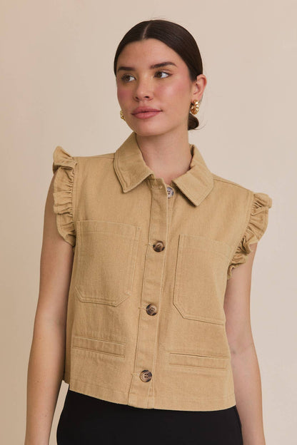 RUFFLE DETAIL TWILL VEST